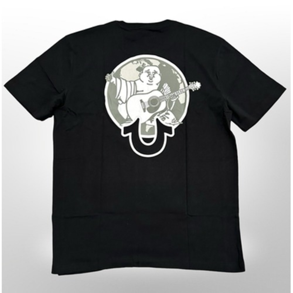 True Religion Shirt Mens XL Jet Black Buddha World Crew Tee Graphic Logo Cotton